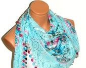 Turquoise and Blue Multicolor  Turkish Yemeni OYA Scarf .bridal,scarf,authentic,elegant, fashion, personalized design.