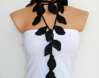Black scarves,Hand made crochet black ivy leafs Lariat Scarf. Fashion Flower Scarves, Necklace...