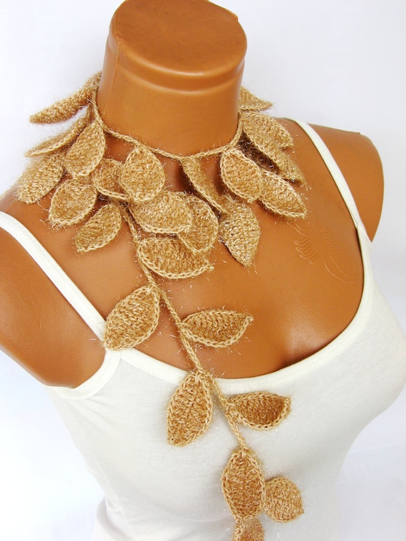 Silvery Crochet ivy, champagne, beige ivy leafs Lariat Scarf. Fashion Flower Scarves, Necklace...
