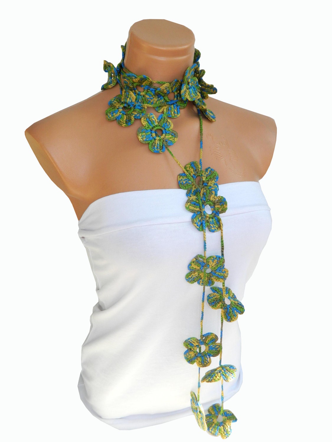 Handmade crochet scarves,Fashion Flower Scarves, Necklace... green lariat scarf for spring