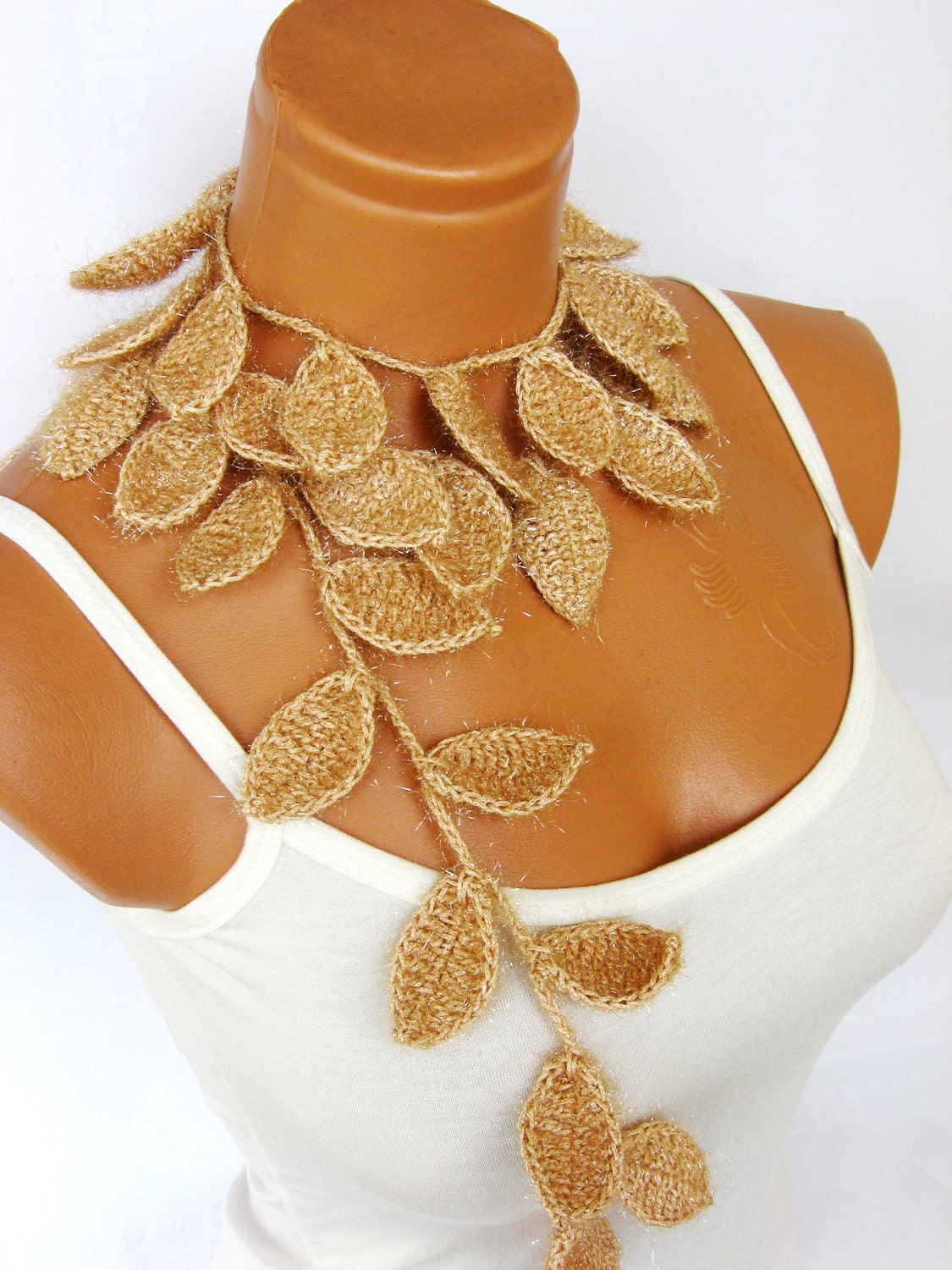 Silvery Crochet ivy, champagne, beige ivy leafs Lariat Scarf. Fashion Flower Scarves, Necklace...