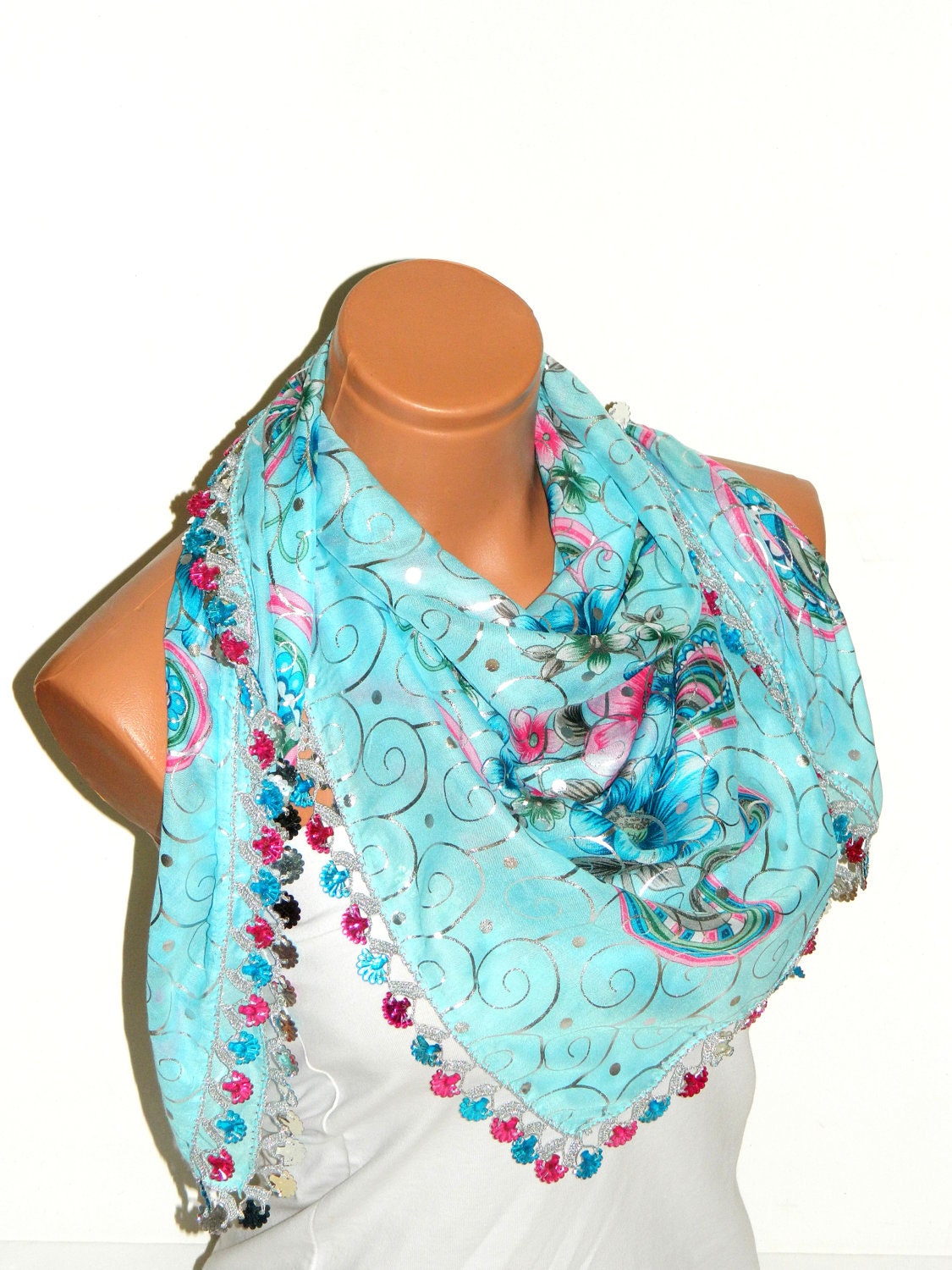 Turquoise and Blue Multicolor  Turkish Yemeni OYA Scarf .bridal,scarf,authentic,elegant, fashion, personalized design.