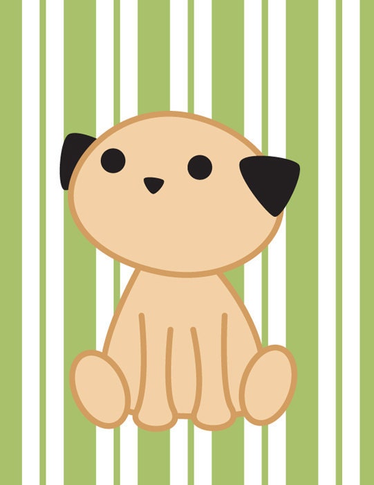 Cute Puppy Dog with Green Striped Background Digital Art Print