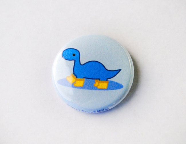 Blue Dinosaur Wearing Rain Boots or Galoshes Pinback Button: One Inch