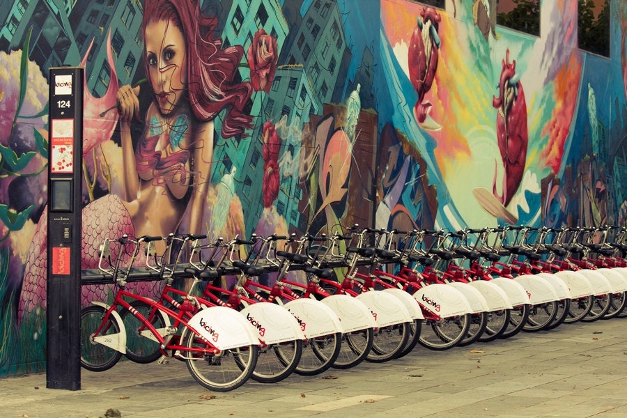 Barcelona Graffiti, Travel photography, Fine Art Print Bycicle Stand and Mermaid Graffiti Colorful 8x10 or 8x12