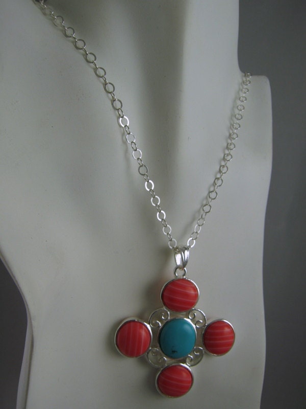 Large and beautiful Turquoise & Coral Pendant...Sterling Silver - FREE shipping in the U.S.