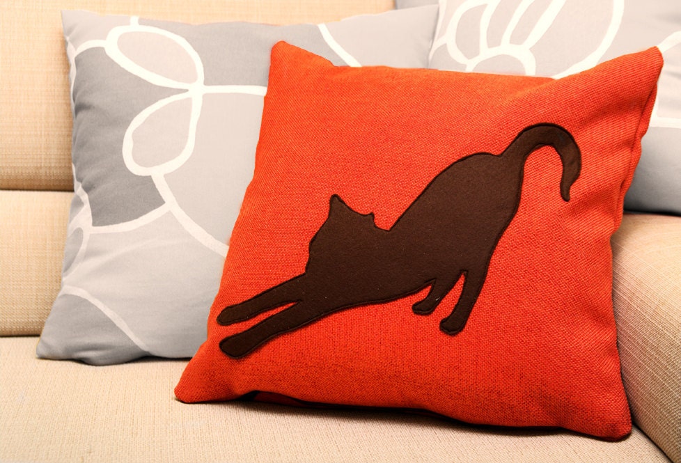 Stretching cat cushion cover - tangerine and dark brown - Made to Order