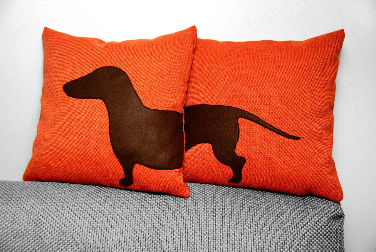 Dachshund (sausage dog) pillow covers - tangerine and dark brown - Made to Order