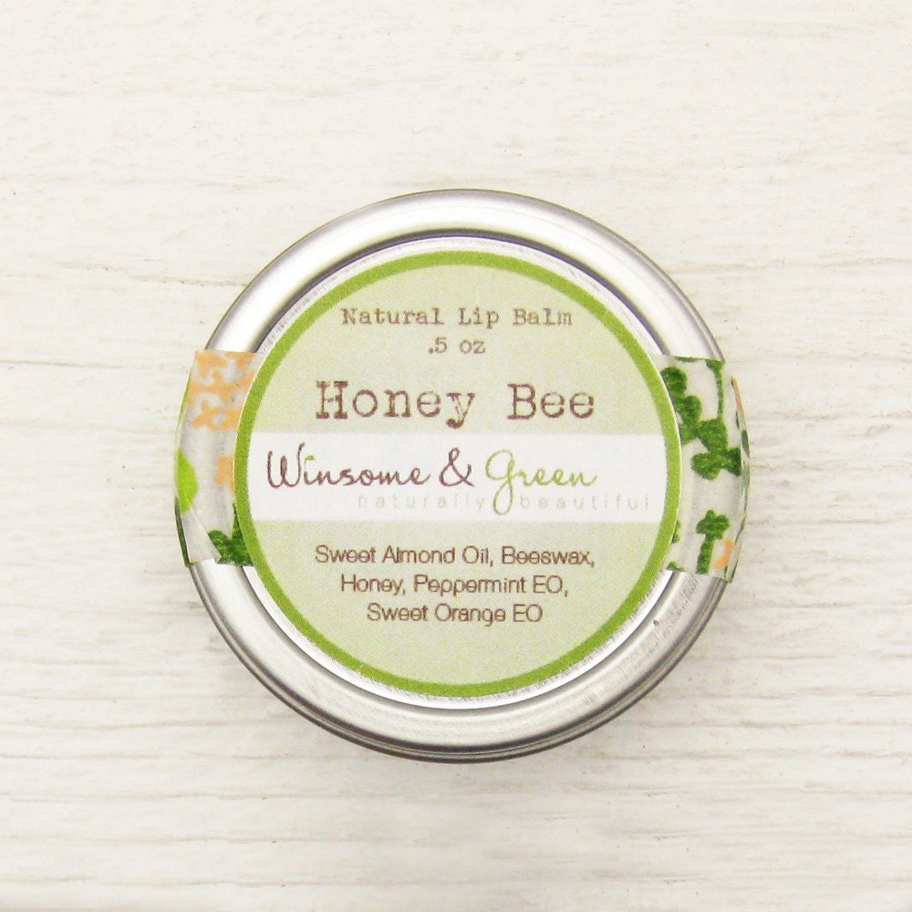 Natural Lip Balm Tin - Honey and Cooling Peppermint - Honey Bee / geometric eco friendly green garden