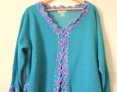 Womens Sweatshirt Jacket in Mermaid Blue with Intricate Crochet Scalloped Edging for Women - Size Large - Upcycled Fleece Sweatshirt