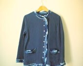 Upcycled Fleece Sweatshirt Jacket in Monaco Blue with Crochet Edging and Snaps for Women