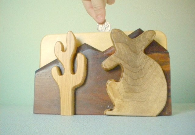 Handmade Wooden Bank with Desert Scene - Cactus, Mountains, and Crouched Man - Great Gift for Fathers / Mothers Day / Christmas / Birthday