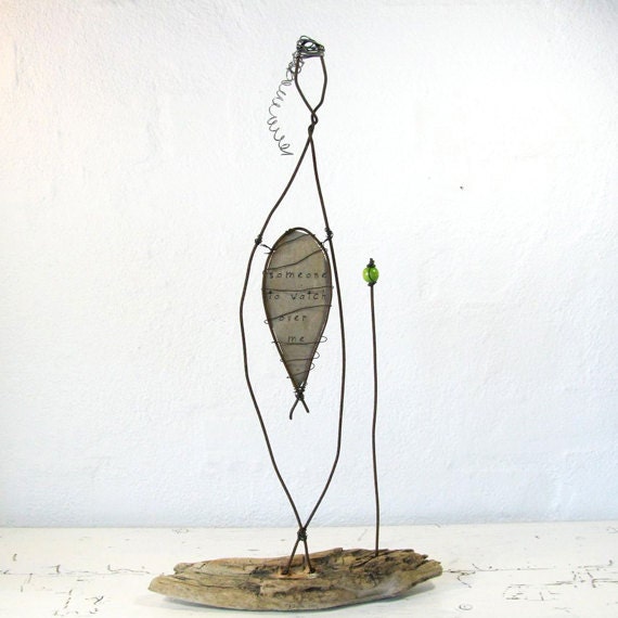 Wire Sculpture Guardian Angel. Rustic Wire Figure Art on Driftwood.