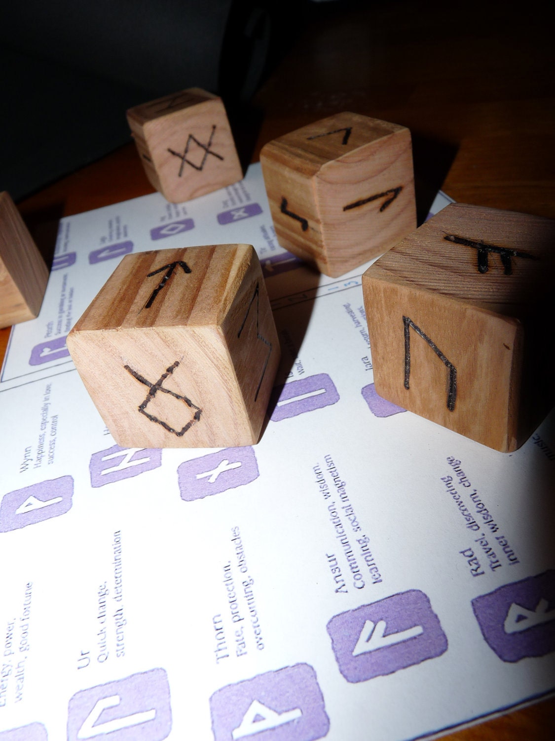 Wooden Dice Runes-Handmade-Pagan Druid Wicca divination Felt pouch bag with woven drawstrings-Pentagram Star charm-Free Shipping in the U.S.