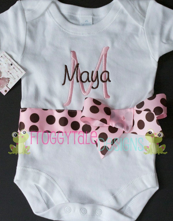 Name Bodysuit Onesie or Toddler Shirt in Pink and Chocolate Biggie Dots Outfit for Little Baby Girls - PERSONALIZED Custom