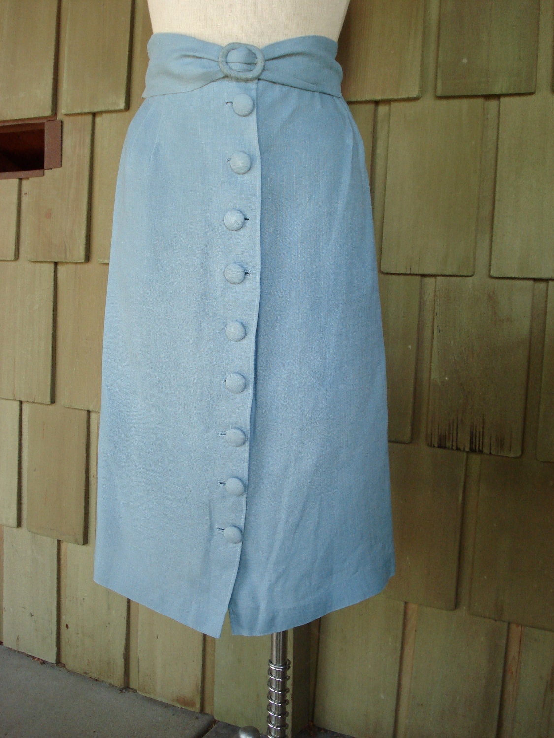 Women's 60s Sky Blue Handmade Linen Button Down Skirt