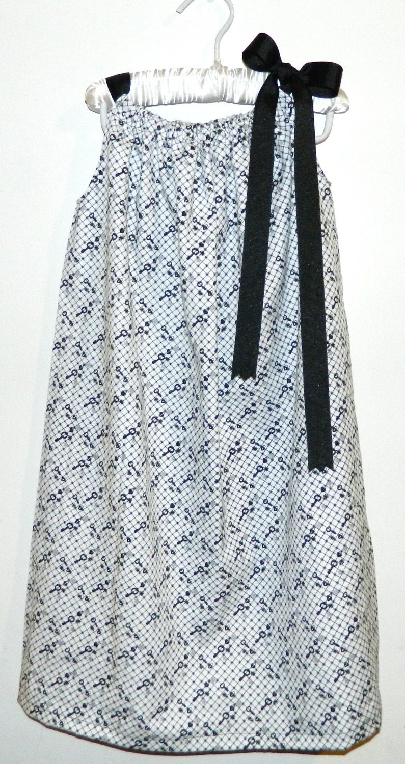 Pillowcase Dress.  White with black keys and black shoulder ribbon/bow. - RachelMcGrew