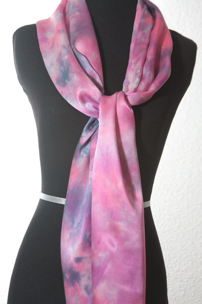 Silk Satin Scarf  Sunset Pink and Cobalt, Hand Dyed,  14 x 72, Ready to Ship