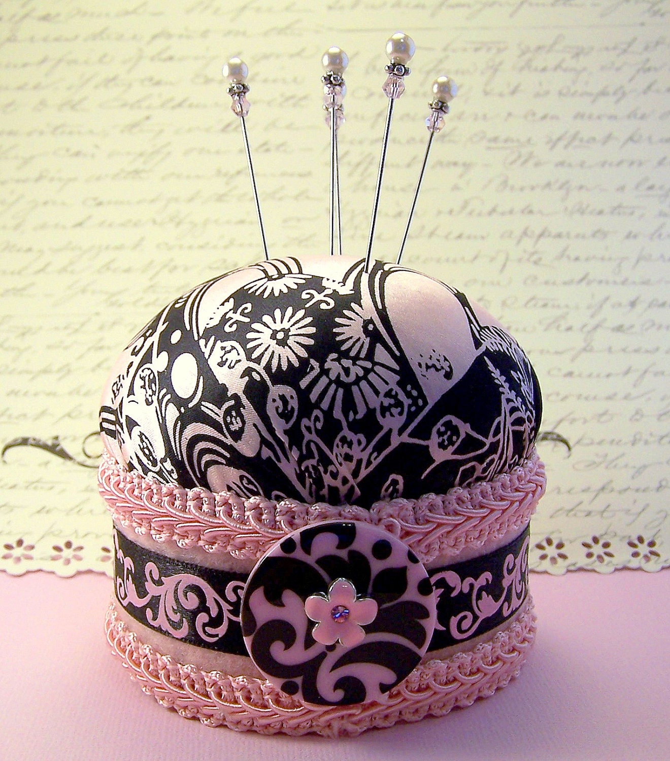 CLEARANCE Pincushion needlecraft pinker Lady Yoko pink black silk floral fabric pin cushion decorative straight pins TAGT