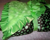 Lime Minky Rosette & Chocolate Brown Polka Dot Satin - Baby/Toddler Blanket