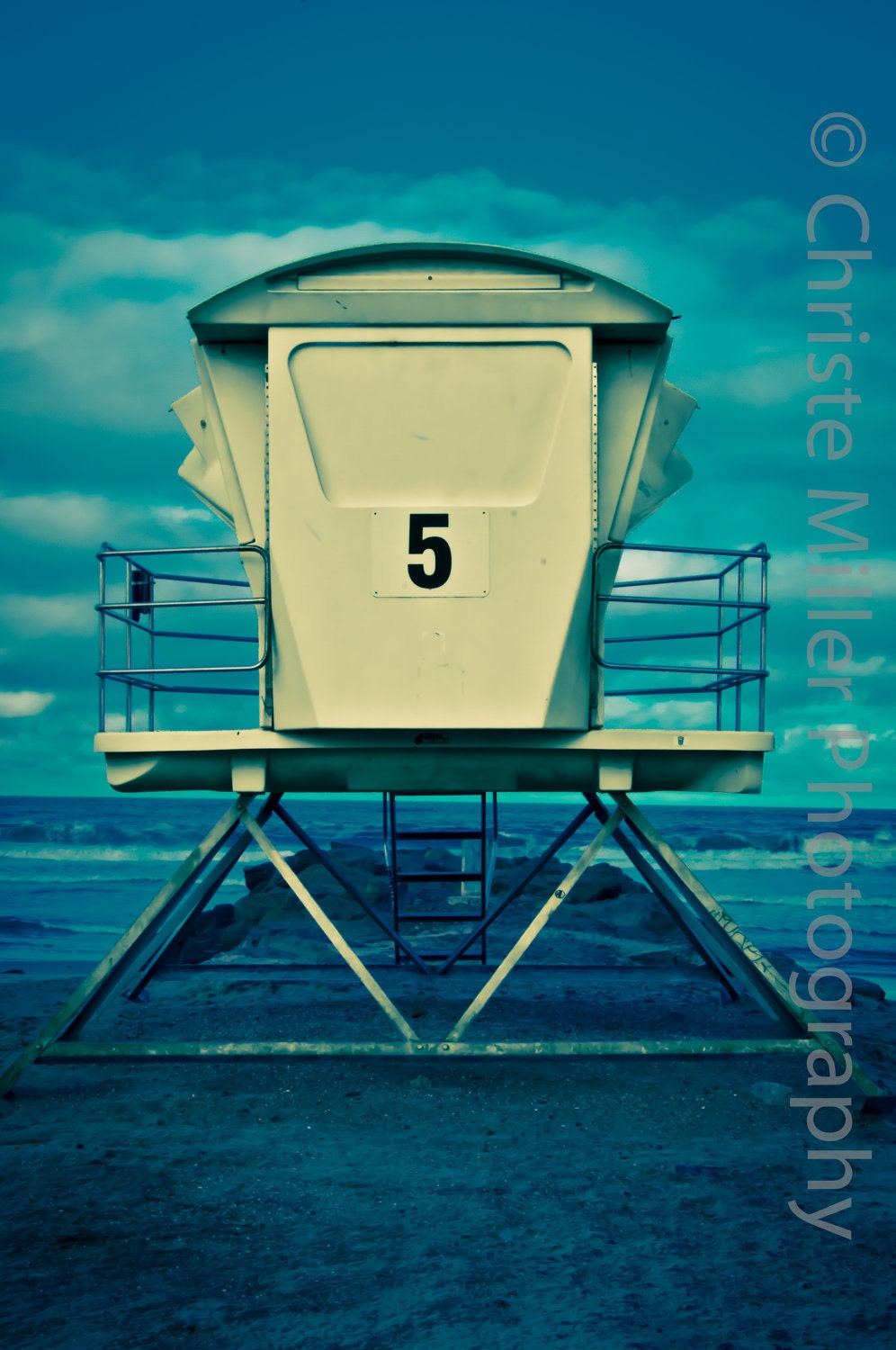 Tower 5  Blue Lifeguard Stand - Creme and Blue Lifeguard tower 12.5" x 18" print on Bamboo