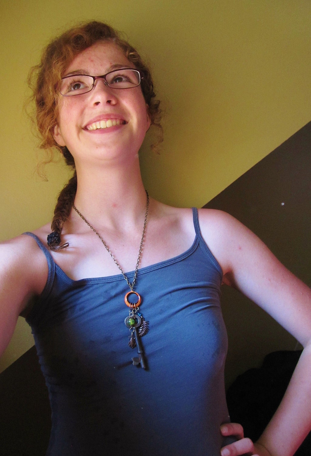 Jungle - Necklace with Antique Skeleton Key, Glass India Beads, and Brass beetle and fern charms