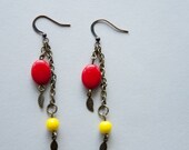 Modern Drop Earrings - Vintage Red and Yellow Czech Glass Beads Paired with Brass/ Minimalist/ Chic  "Hip Alluring Details"