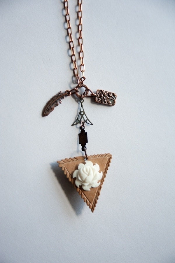 Long Boho Necklace - Vintage Hand Carved Wood and Bone Pendant Embellished with Red Brass Charms and Vintage Pieces  "Bohemian Treasure"