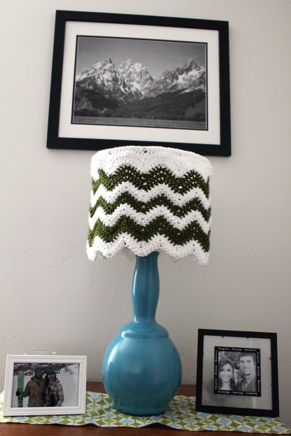 RESERVED FOR JAZZY 70s Style Lamp Shade- Chevron Lamp Shade- White Green Lighting-  Crochet Custom Handmade Houseware Home Decor Unique