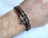 Men's Leather Bracelet with Steel Shackle Clasp - Mens Bracelet - Men's Jewelry Unisex  - Dark Brown2 - Hand Stitched