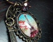 Paris Eiffel Tower French Cameo Cabochon Antiqued Brass Key Chain Vintage Victorian Style Souvenir Pink Roses Pendant Necklace OOAK - Blue