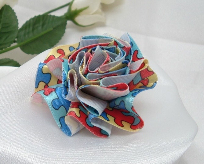 Autism Awareness Satin Ribbon Rose with Pin Back