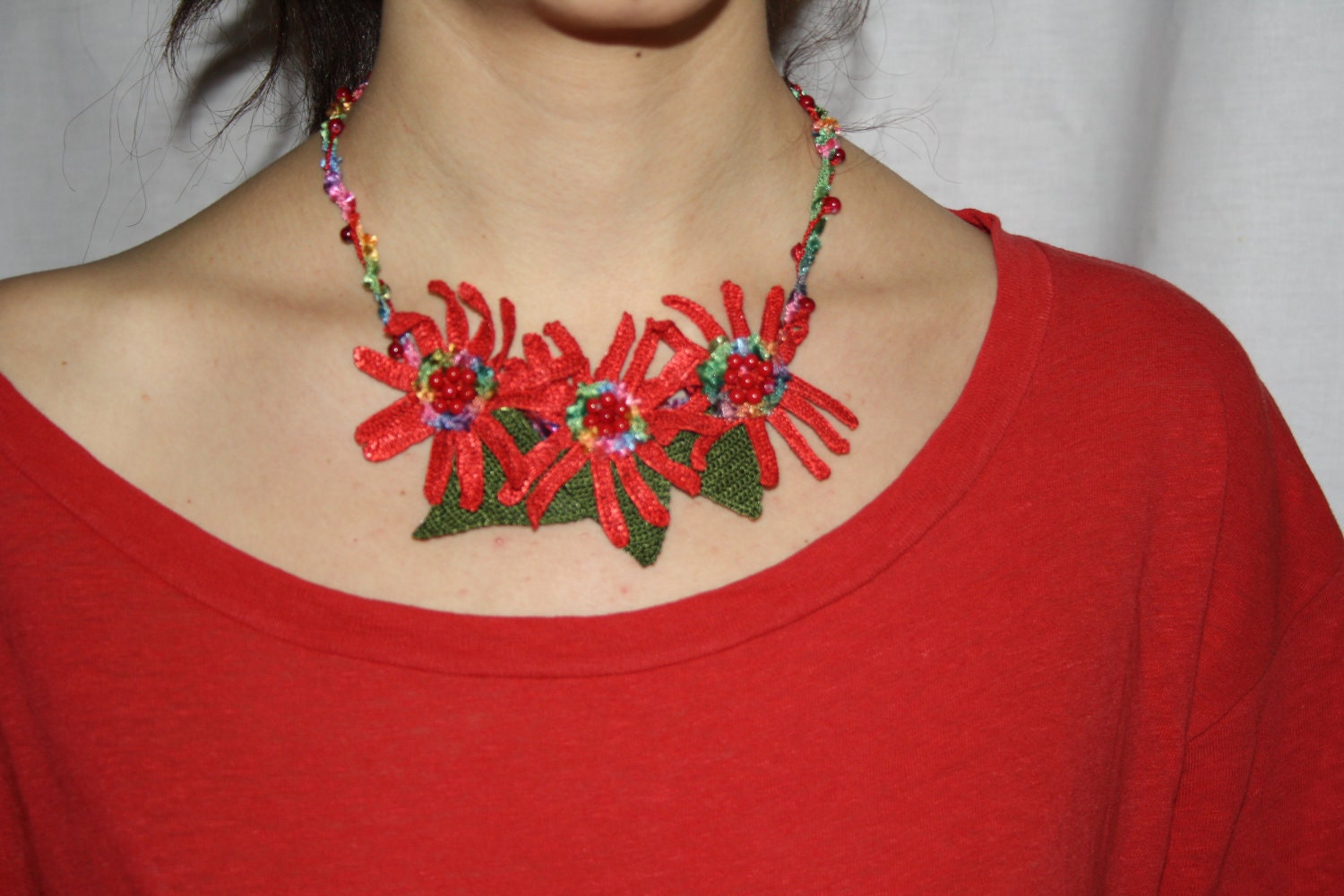 Crochet Necklace Red Gerbera Daisies Flowers
