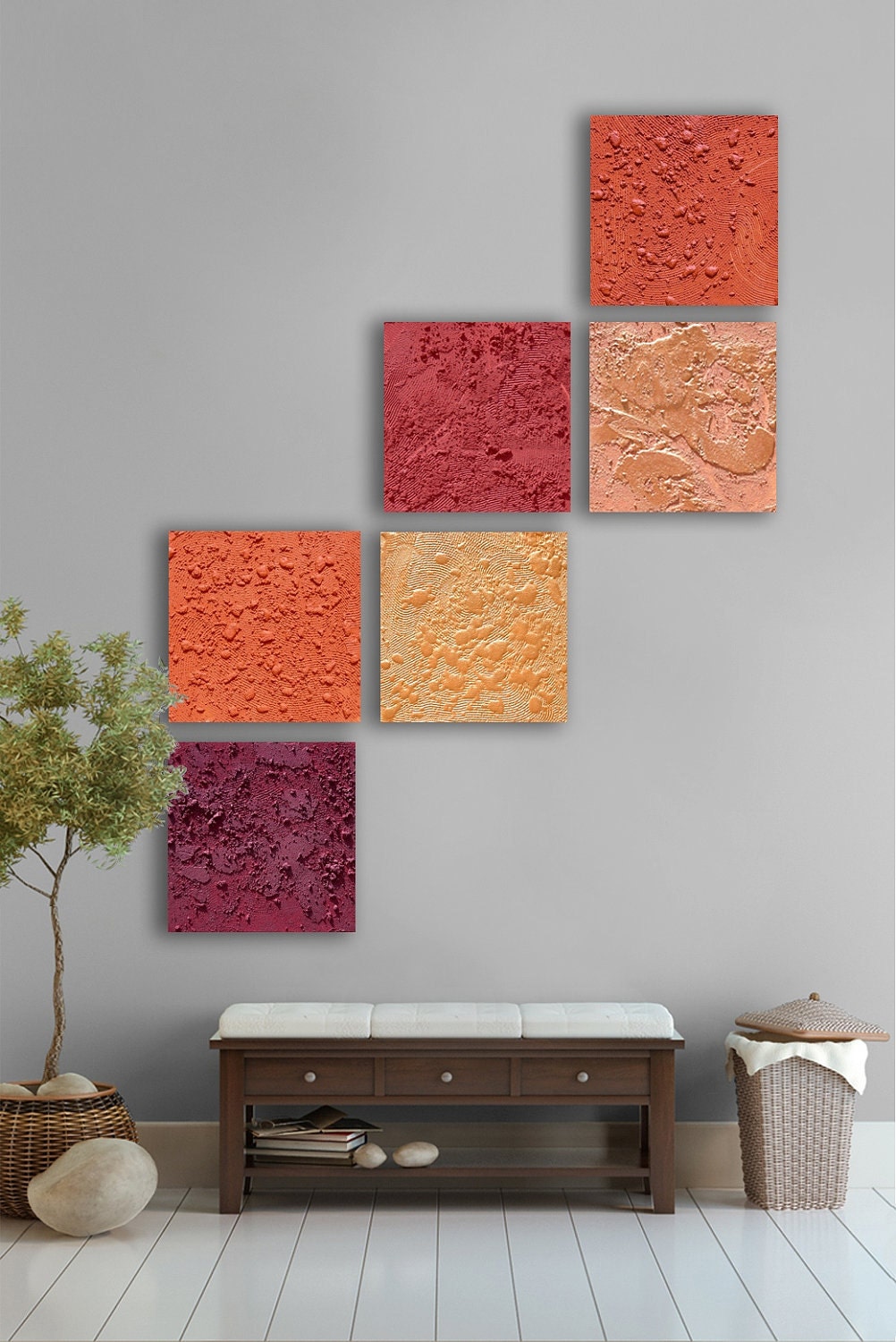 Abstract Painting, 6 square CUSTOM Large Wall Art, Textured abstract painting, -Gold, orange, yellow, Red, poppy red, maroon