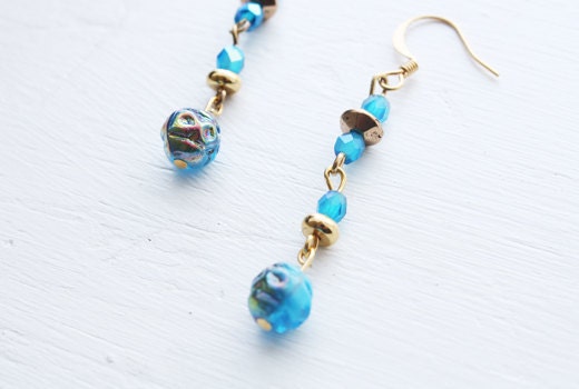 Vintage Blue and Gold Bead Earrings
