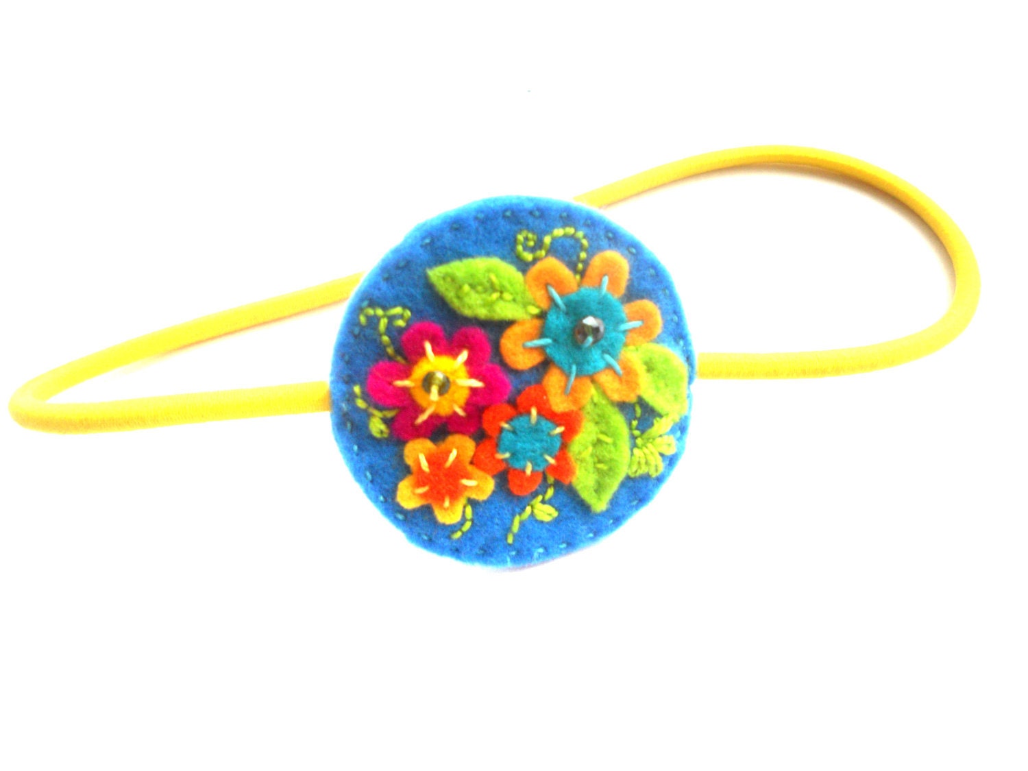 Felt headband with colorful flowers in yellow and blue, elastic headband Hair accessory Gift for her