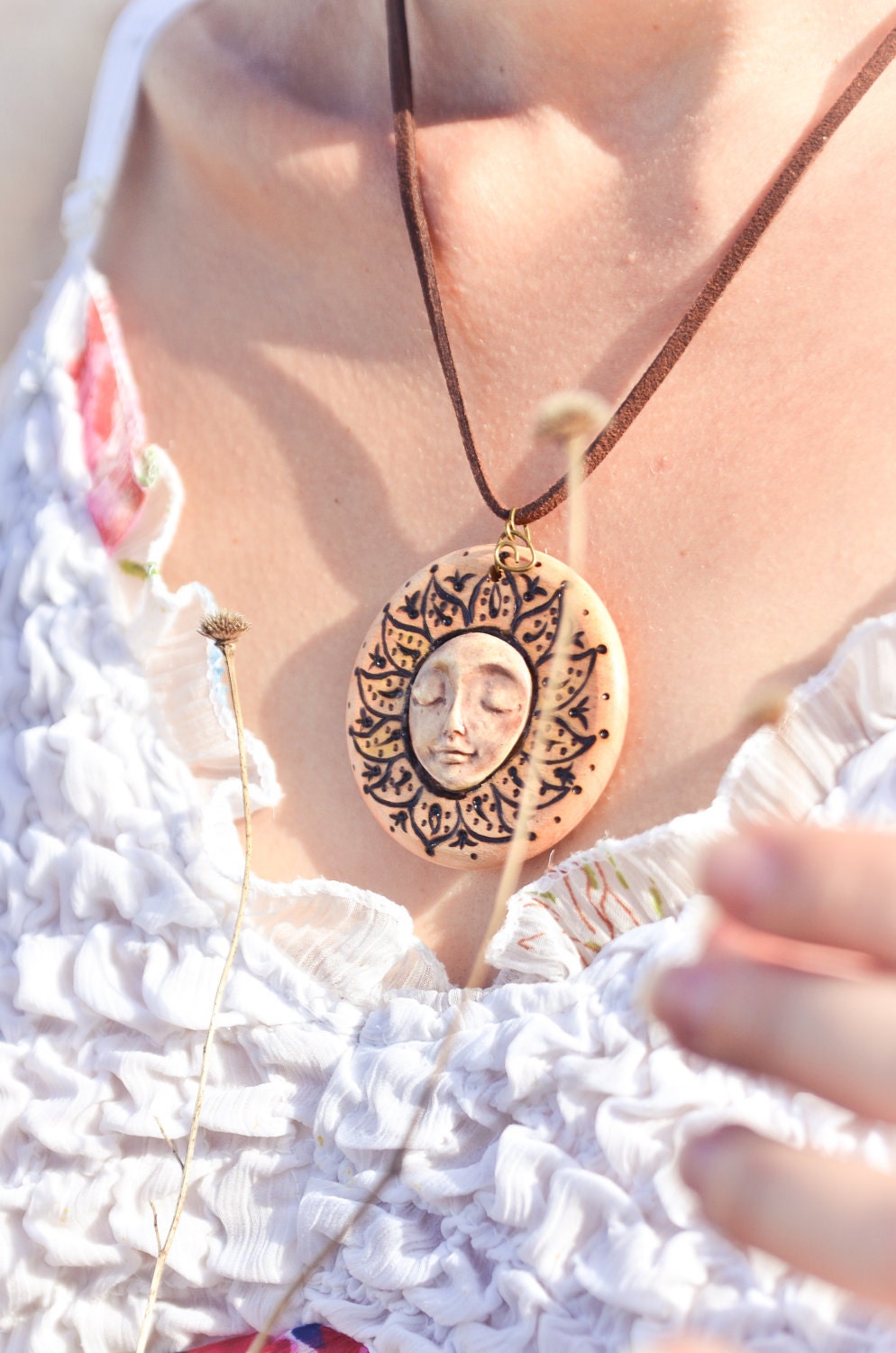 Beige Sun Cameo Wooden Necklace - Woodburning Medallion Pendant - Wood Jewelry
