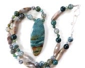 Ocean Jasper Pendant Necklace with Agates, Sterling Silver, Blue, Green & Sand, Handmade: "Stormy Beach" - TransfigurationsJlry