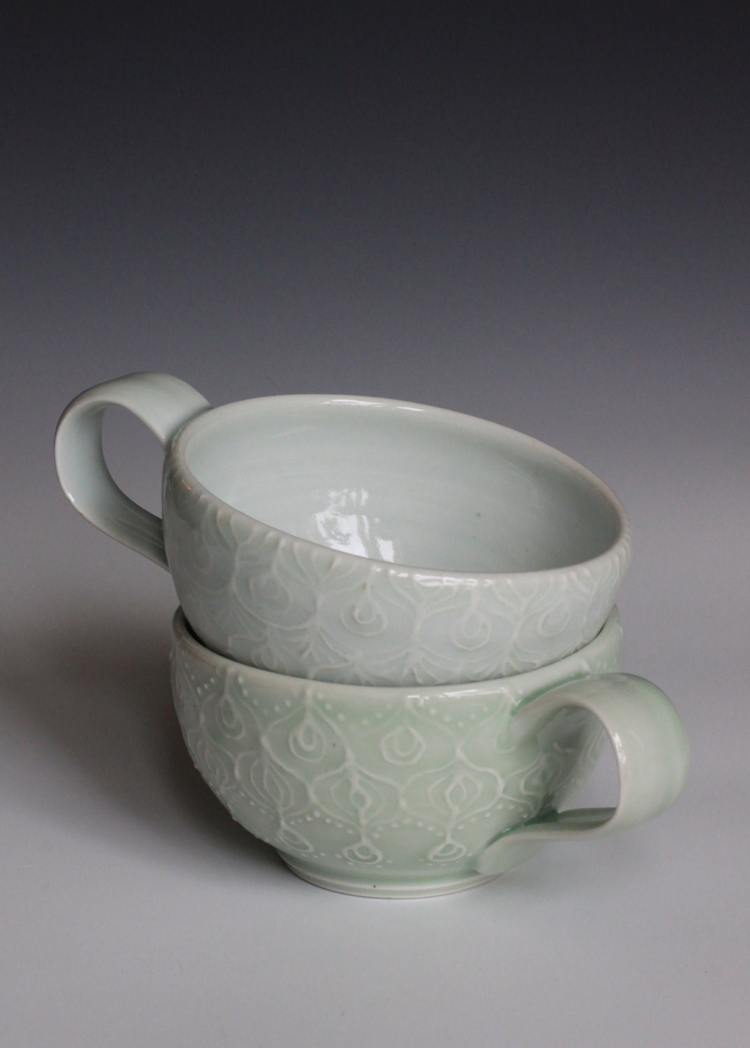 Wheel Thrown Porcelain Ceramic Cup with Hand Painted Slip Trailed Design