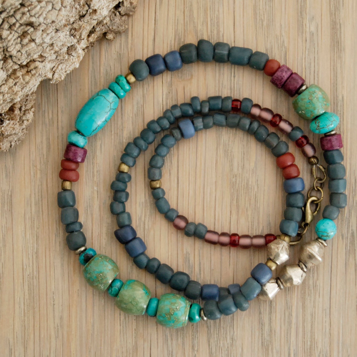 ethnic jewelry - boho hippie necklace - beaded necklace with turquoise and Indonesian glass