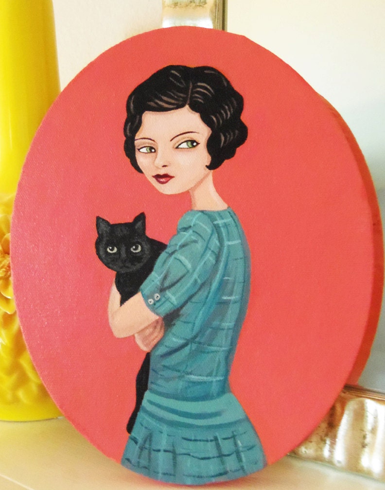 Charlotte's cat, an original painting of a vintage inspired woman with holding her beloved cat.