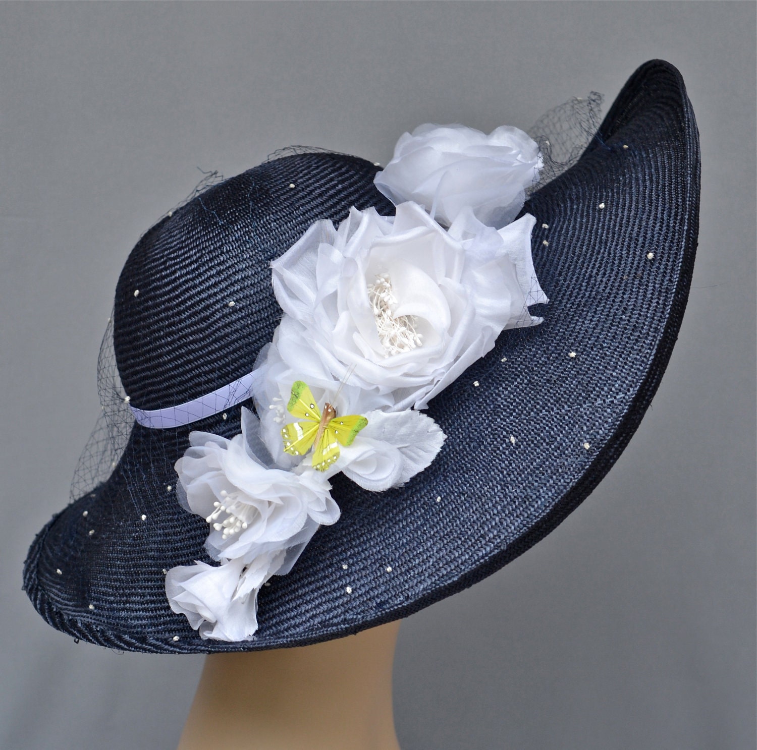 Navy Parasial Straw Hat, Romantic Style, Kentucky Derby, Church, Large Brim, Vintage Veiling