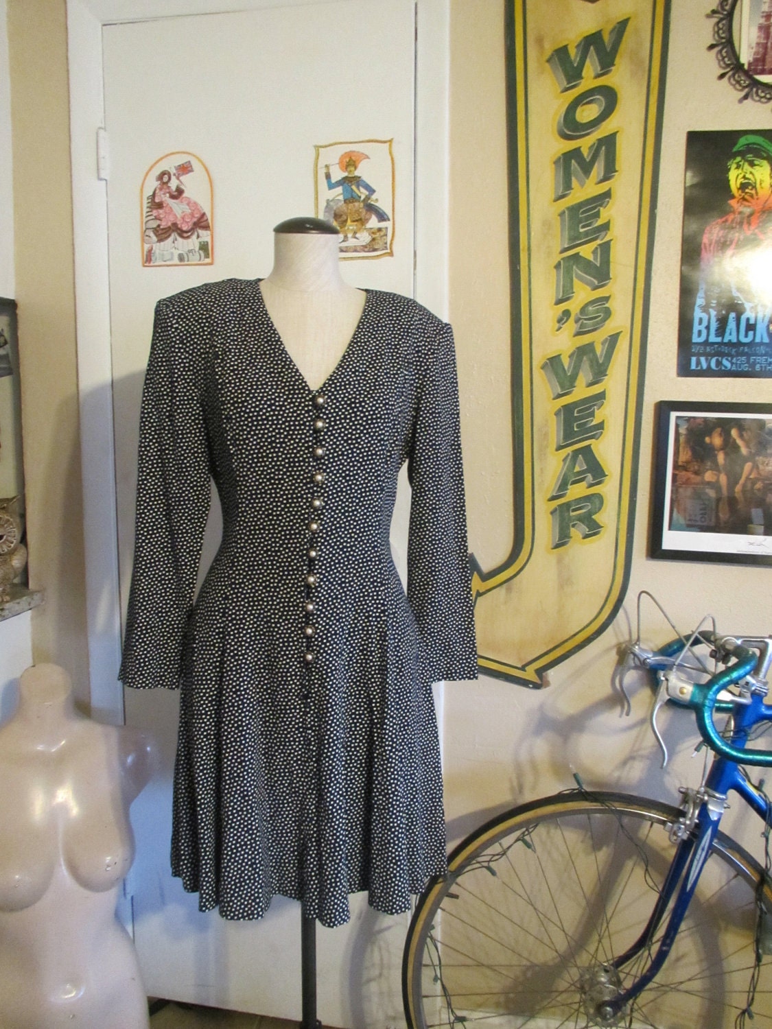 RESERVED RESERVED - Vintage Long Sleeve Blue w/ White Polka Dot Katie MFG Dress w/ Buttons