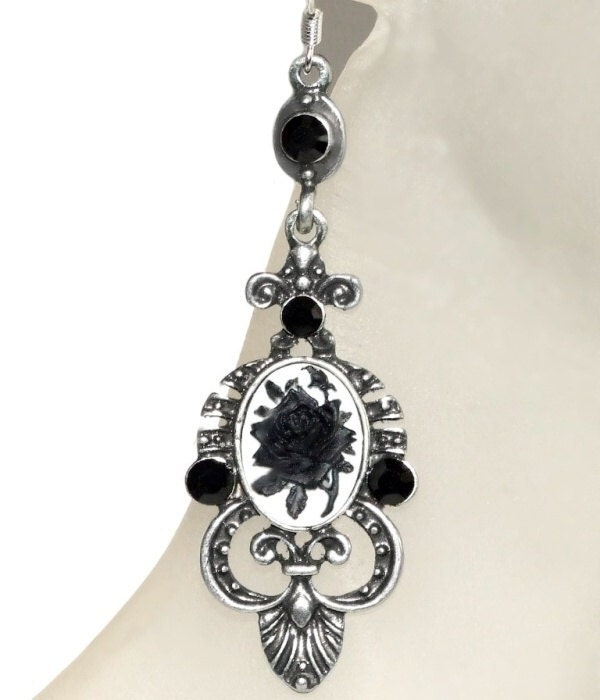 Vintage/Gothic/Victorian/Antique Jet Black/White Genuine Swarovski Crystal Rose/Flower Cameo Long 925 Silver Earrings