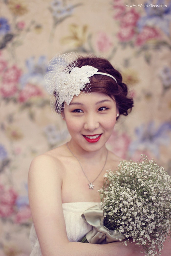 Bridal Headband, Wedding Hair Accessories, Rhinestone and Lace Headpiece, Ivory Wedding Headpiece with Birdcage Veil, Bridal Hair Fascinator