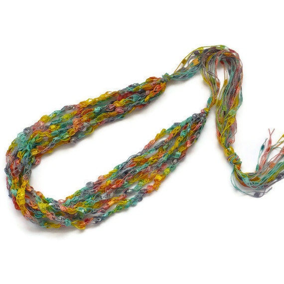 Crocheted Ribbon Necklace, Ladder Yarn Necklace, Pastel Rainbow toned necklace