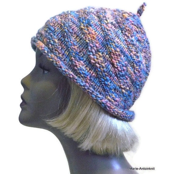 Colorful Knit Beanie, Knit Cloche in Blue & Coral, Hand Knit Hat