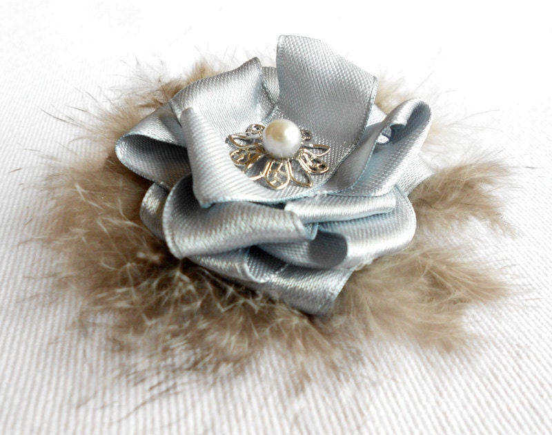 CLEARANCE OOAK Silver Moon Flower Brooch - Vintage Inspired Satin Ribbon Peony with Plumes & Freshwater Pearl