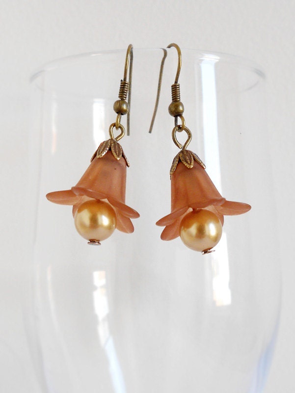 CLEARANCE Vintage Inspired Lucite Petunia Flower Earrings in Hazel & Brass with Swarovski Pearls from the Vintage Garden