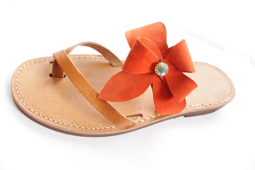 Handmade Leather sandals-Leather Flower with Colorful Swarovski